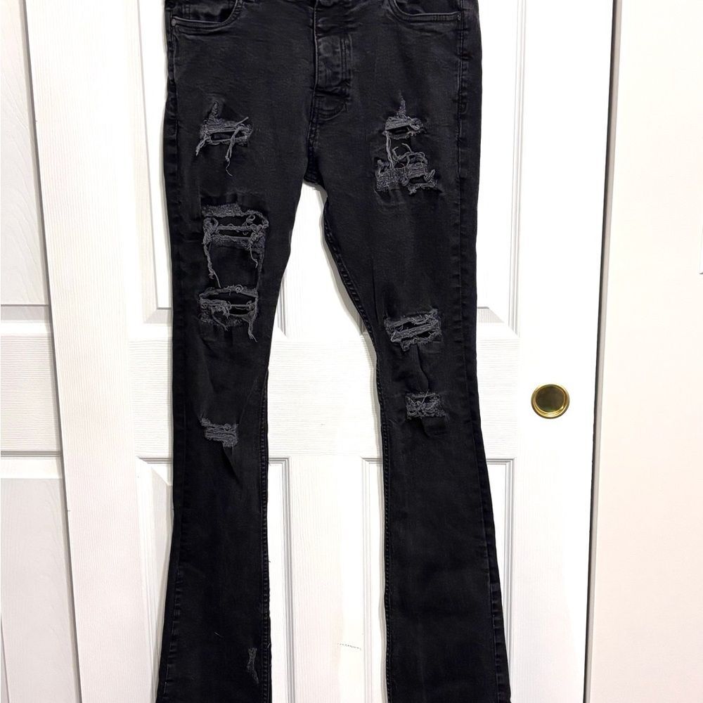Boohoo MAN | Men’s Stacked Long Black Distressed Dark Wash Denim Jeans 31 x 36
